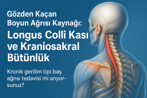 Longus Colli kası, boyun ve baş ağrısı ile ilişkili kraniosakral bağlantıları gösteren tıbbi illüstrasyon; boyun kasları vurgulu anatomi çizimi