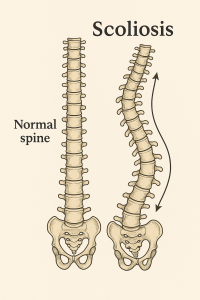 Normal ve skolyozlu omurgayı yan yana gösteren tıbbi eğitim çizimi; skolyozlu omurgada S şeklinde eğrilik belirtilmiş.