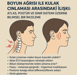 Boyun ağrısı,ile kulak çınlaması arasındaki ilişki atlas (C1) hizalanması ve kulak çınlaması arasındaki ilişkiyi gösteren, boyun omurlarının ve işitsel semptomların işlendiği bilimsel infografik.