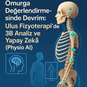 3B postür analizi sırasında IMU sensörleriyle omurga hizalanmasını ölçen ve yapay zekâ destekli Physio AI sistemini gösteren tıbbi illüstrasyon.