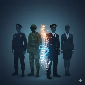 "Polis, asker, pilot ve hostes alımlarında skolyoz ve kifoz derece sınırlarını gösteren mesleki sağlık kriterleri görseli. Arka planda üniformalı meslek grupları ve ön planda omurga anatomisi üzerinde derece ölçümleri yer almaktadır.