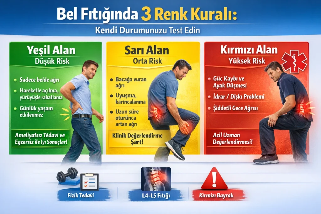 3-color rule infographic for lumbar disc herniation: green zone (back pain only), yellow zone (leg pain and numbness/tingling), red zone (weakness and urgent warning signs)