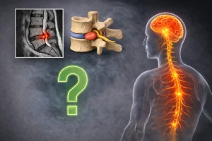 Bel fıtığı MR bulguları ile sinir sistemi ilişkisini gösteren görsel, MR’da fıtık çıkması ama ağrı olmaması durumunu anlatan illüstrasyon