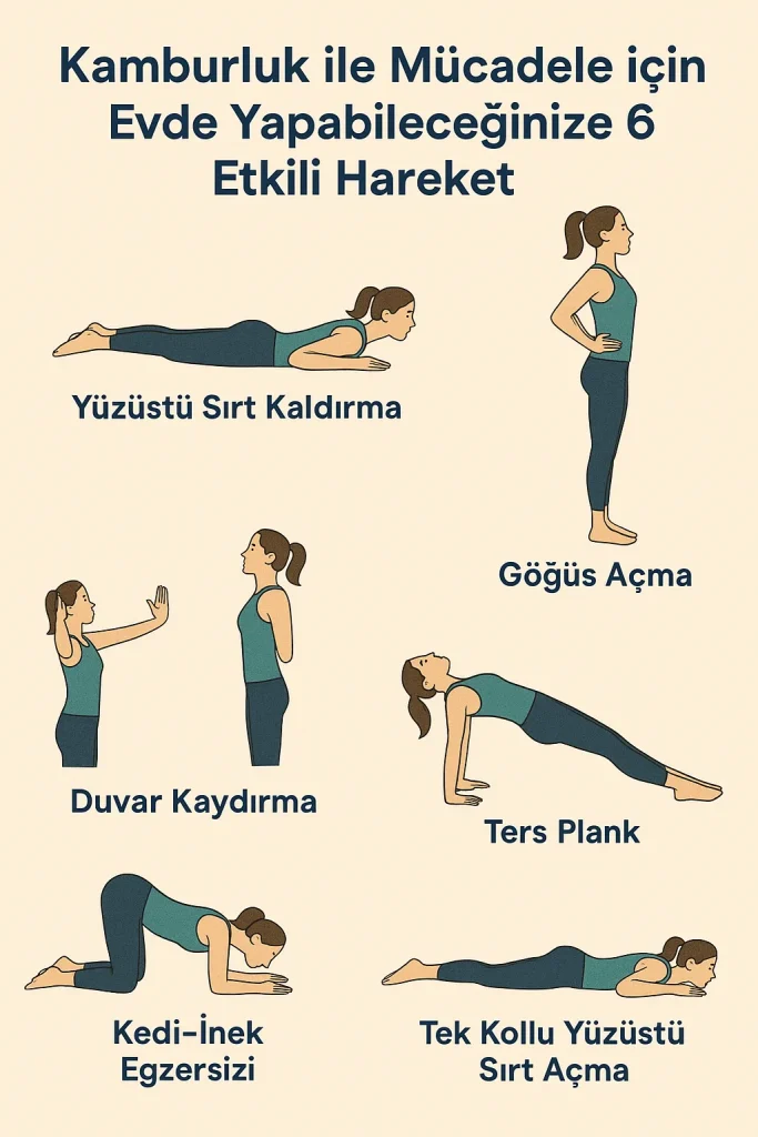 “Kifoz (kamburluk) için evde yapılabilecek 6 postür egzersizi: yüzüstü sırt kaldırma, göğüs açma, duvar kaydırma, ters plank, kedi-inek, tek kollu yüzüstü sırt açma.”