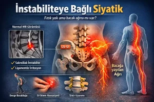 İnstabiliteye bağlı siyatik: MR normal ama bacak ağrısı yaşayan kişilerde sakroiliak instabilite ve ligamentöz irritasyonun bacağa yayılan ağrı oluşturmasını gösteren klinik şema