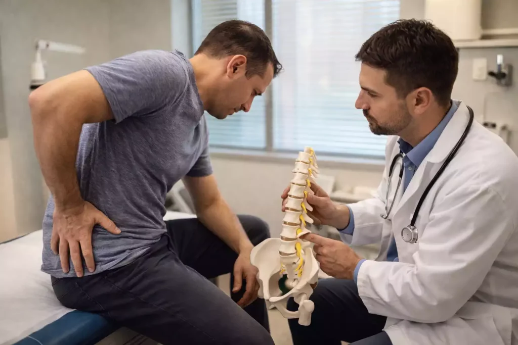 MR normal ama bacak ağrısı olan hastada bel ve sakroiliak bölgenin klinik değerlendirilmesini gösteren muayene sahnesi