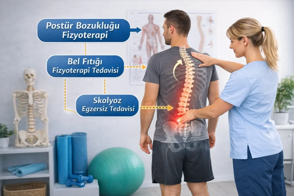 Fizyoterapist tarafından yapılan postür analizi sırasında omurga hizalanması değerlendirilirken bel fıtığı fizyoterapi tedavisi ve skolyoz egzersiz tedavisi için uygulanan rehabilitasyon yaklaşımlarını gösteren görsel.