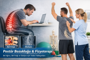 Postür bozukluğu fizyoterapi değerlendirmesi sırasında omurga hizalanması incelenirken bel fıtığı fizyoterapi tedavisi ve skolyoz egzersiz tedavisi için uygulanan rehabilitasyon yaklaşımlarını gösteren görsel.