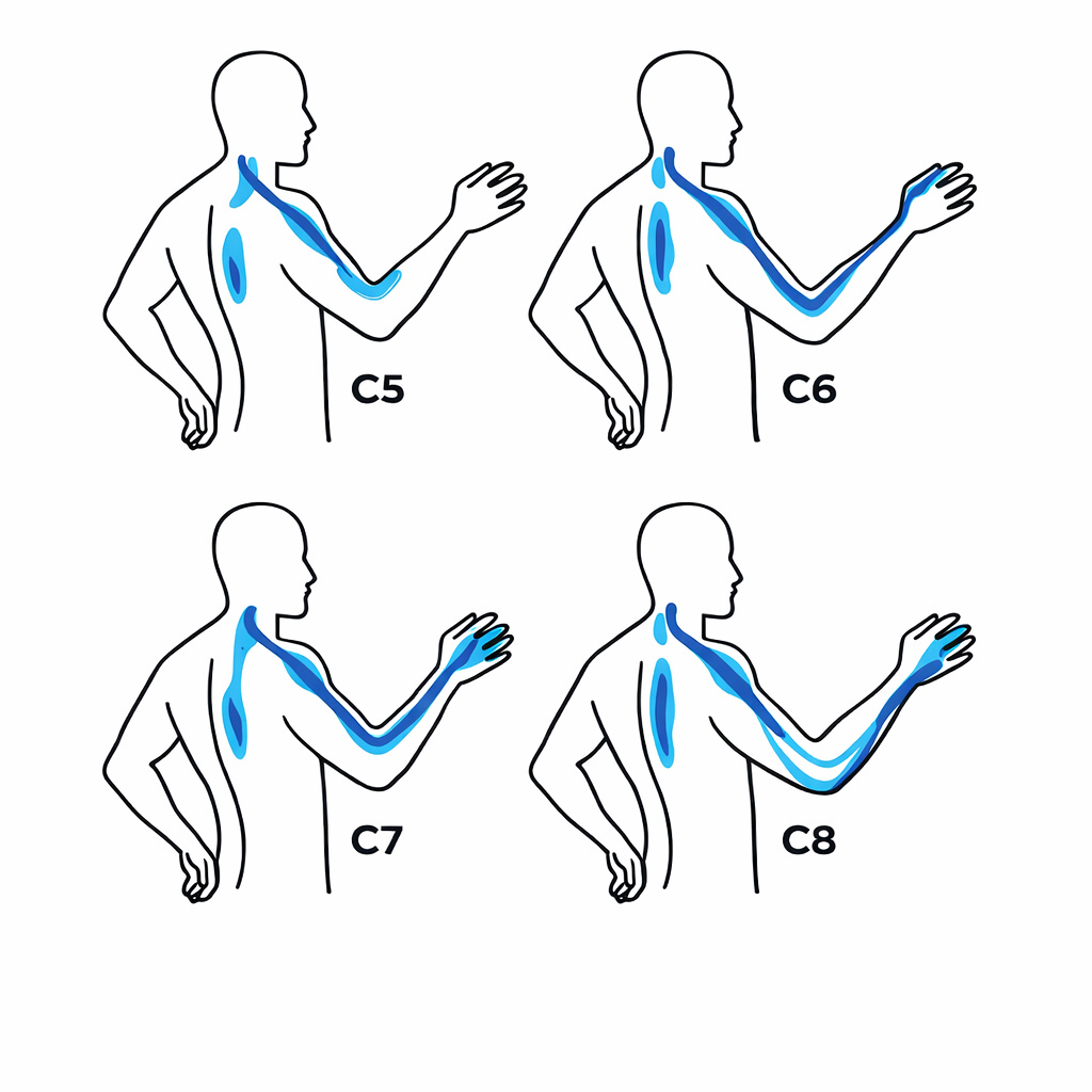 C5, C6, C7 ve C8 sinir kökü basısında ağrı ve uyuşmanın kola yayılım alanları — servikal disk protrüzyonu sinir anatomisi.