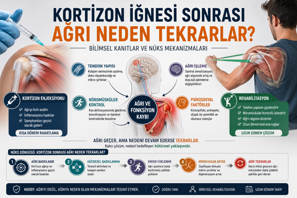 Kortizon iğnesi sonrası ağrının tekrar etme nedenlerini, tendon yapısı, ağrı işleme sistemleri, nöromüsküler kontrol ve rehabilitasyon süreçleriyle açıklayan infografik