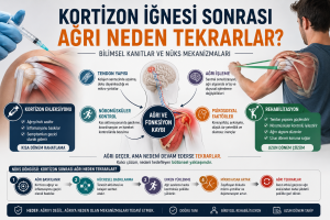 Kortizon iğnesi sonrası ağrının tekrar etme nedenlerini, tendon yapısı, ağrı işleme sistemleri, nöromüsküler kontrol ve rehabilitasyon süreçleriyle açıklayan infografik